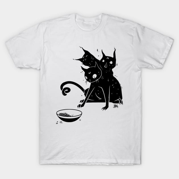  Creepy Cute Three Headed Black Cat Artwork T-Shirt by cellsdividing